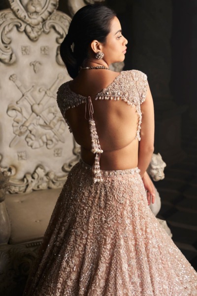 Indian Bridal Champagne Embellished Lehenga Blouse - Image 4