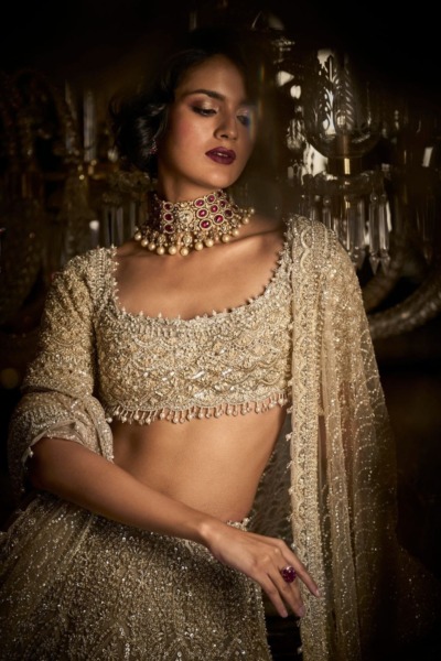 Indian Bridal Champagne Pearl Blouse Lehenga - Image 3