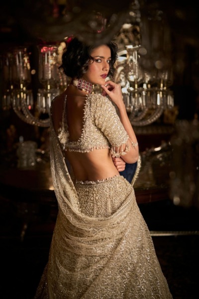 Indian Bridal Champagne Pearl Blouse Lehenga - Image 5