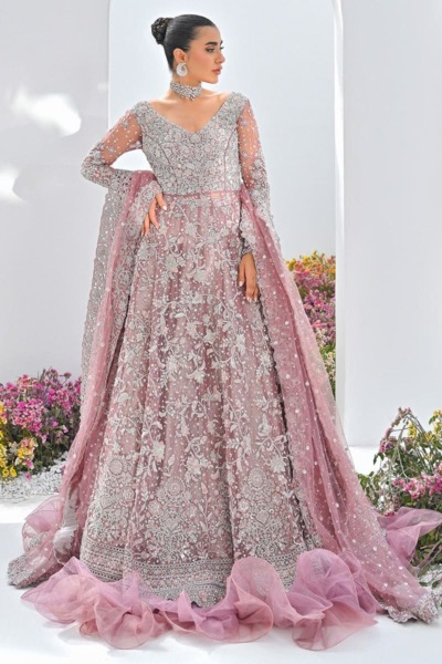 Latest Pakistani Bridal Mauve Gown Lehenga