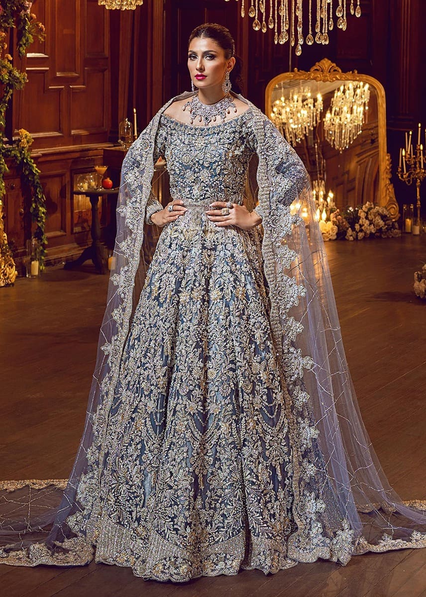 Pakistani Bridal Azure Blue Pishwas Lehenga