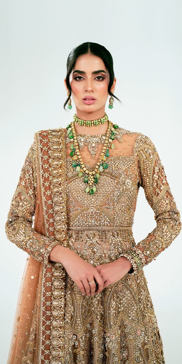 Pakistani Bridal Back Gold Tail Gown