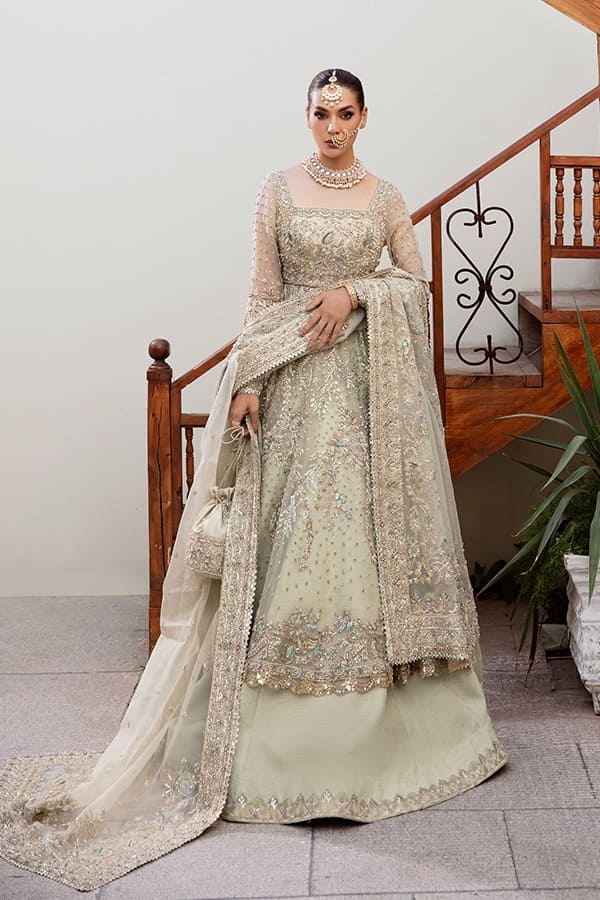 Pakistani Bridal Frock Lehenga In Gold