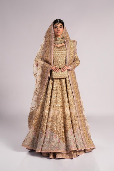 Pakistani Bridal Gold Pishwas Lehenga Style