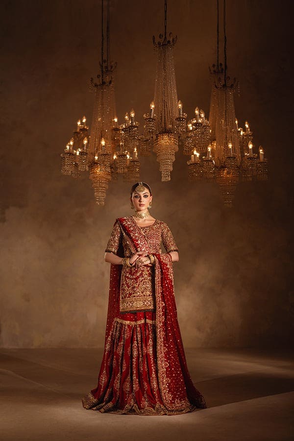 Pakistani Bridal Red Gold Shirt Gharara