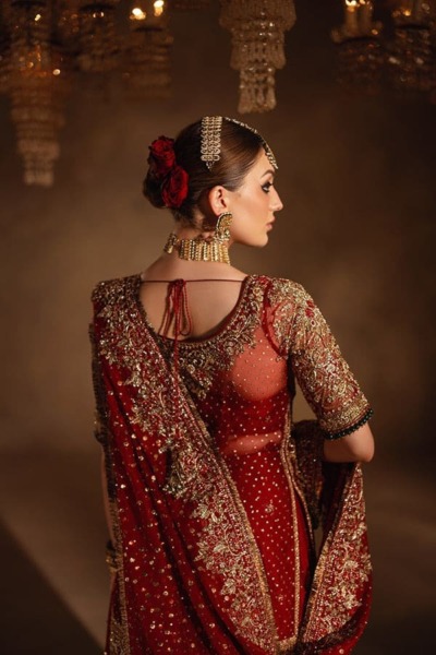 Pakistani Bridal Red Gold Shirt Gharara