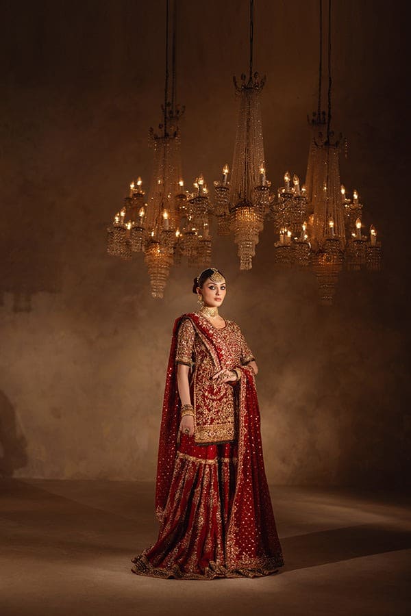 Pakistani Bridal Red Gold Shirt Gharara