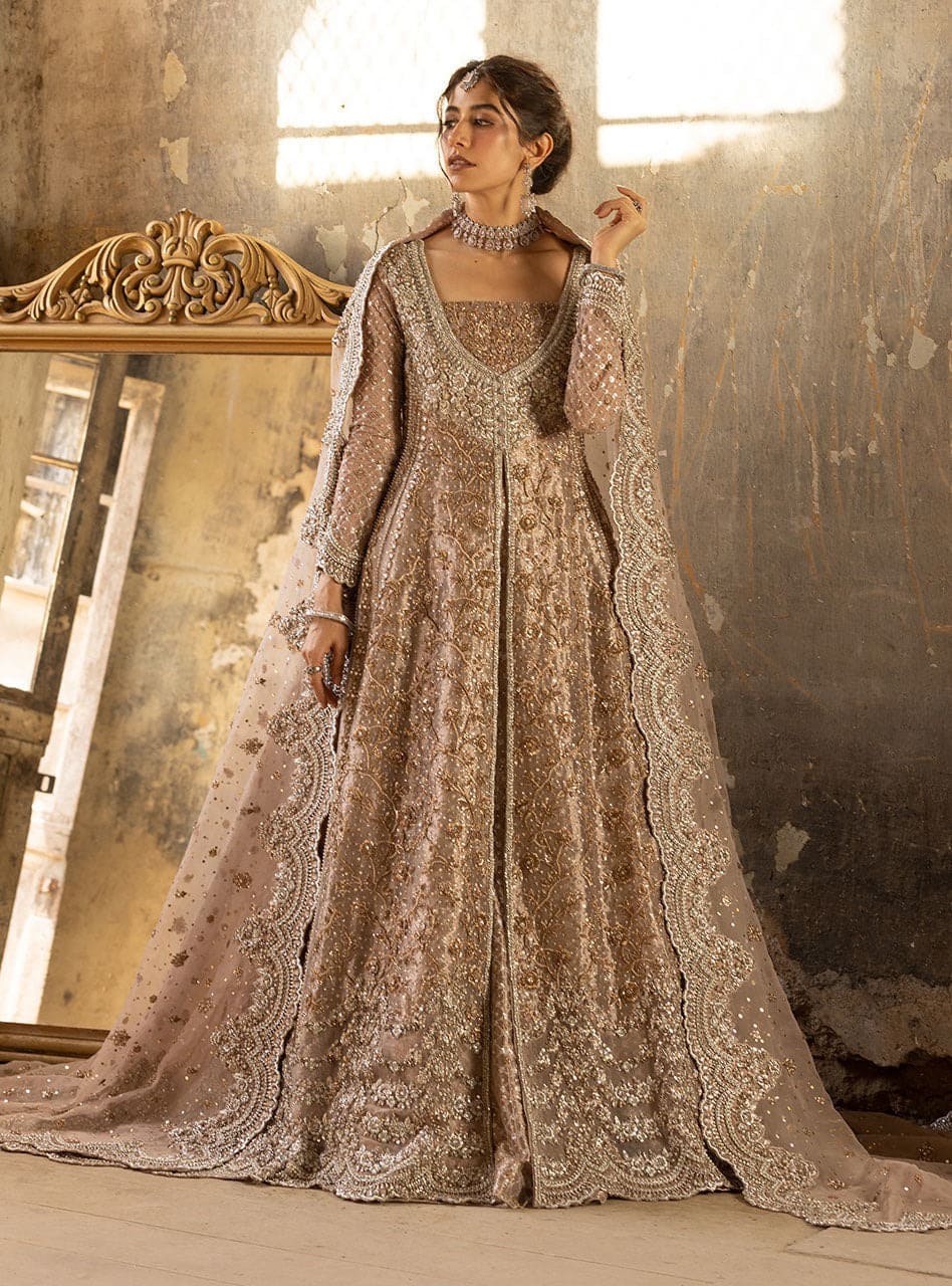 Pakistani Bridal Gold Pishwas Frock Lehenga