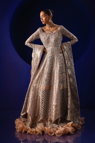 Embellished Masuri Bridal Peach Lehenga Gown Outfit