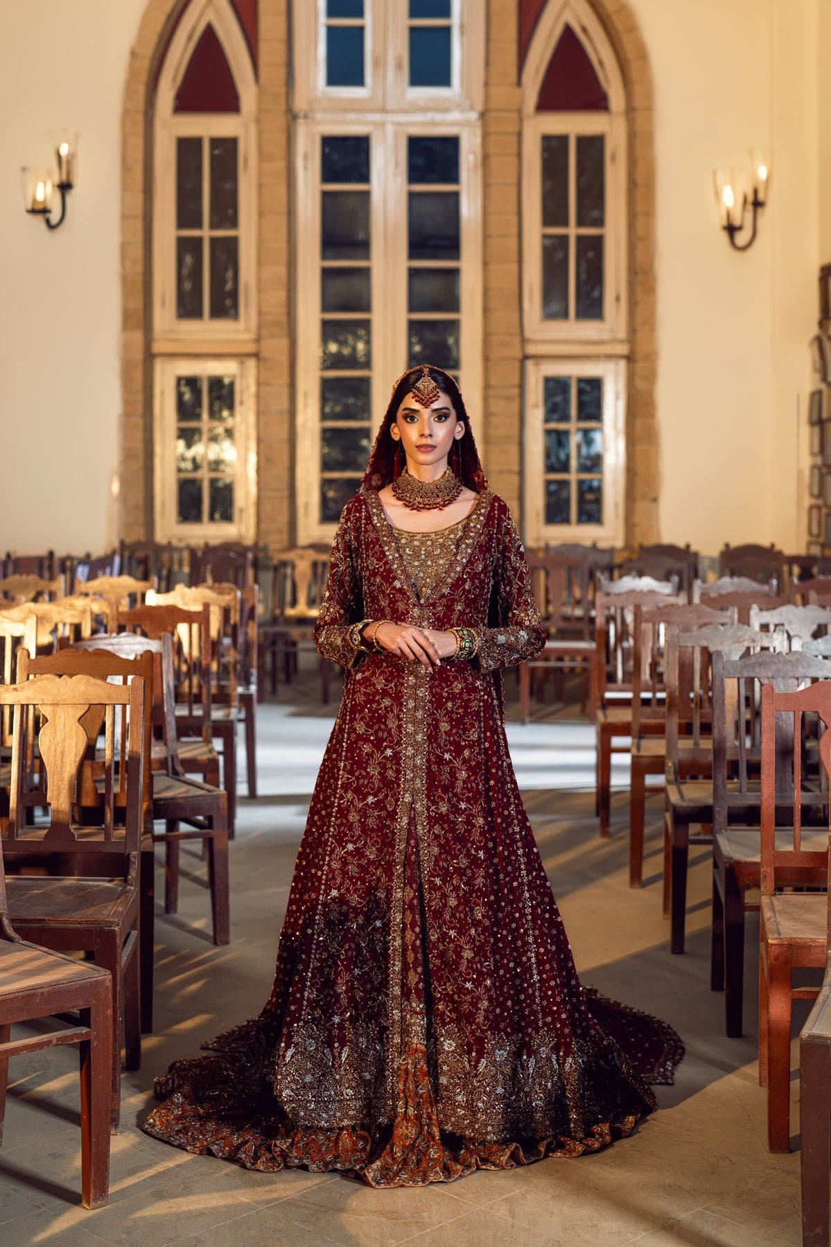 Long Open Pishwas Maroon Bridal Lehenga