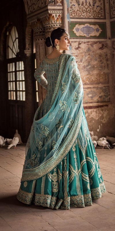 Pakistani Wedding Turquoise Pishwas Trouser Outfit - Image 3