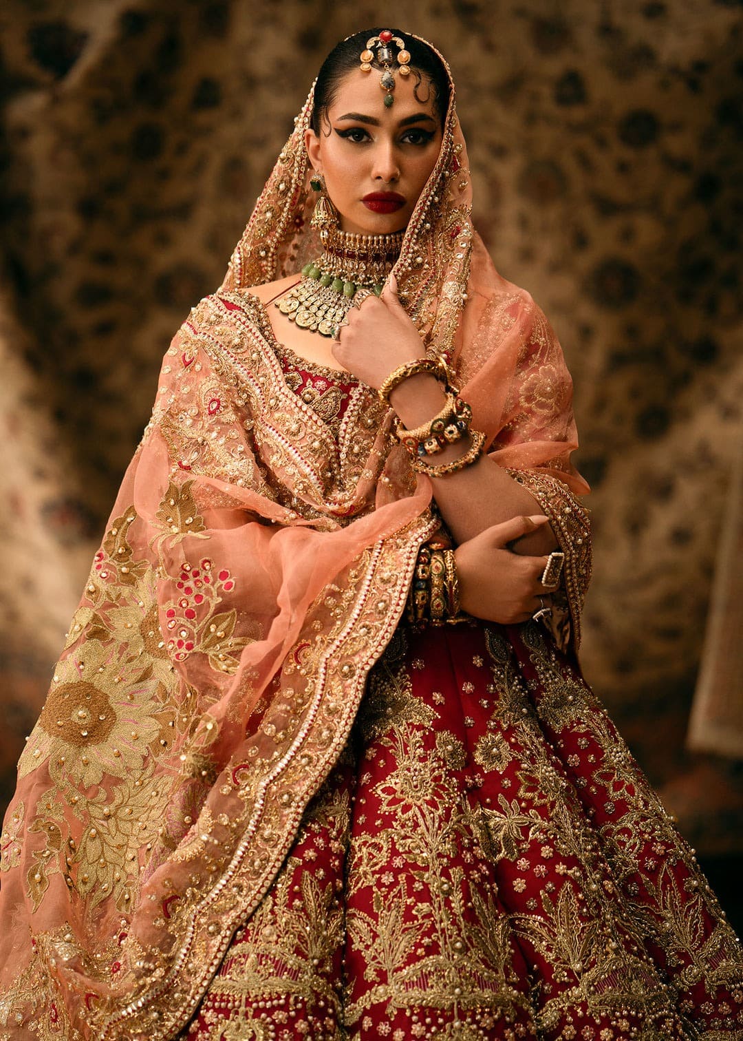 Traditional Ruby Red Bridal Pishwas Lehenga