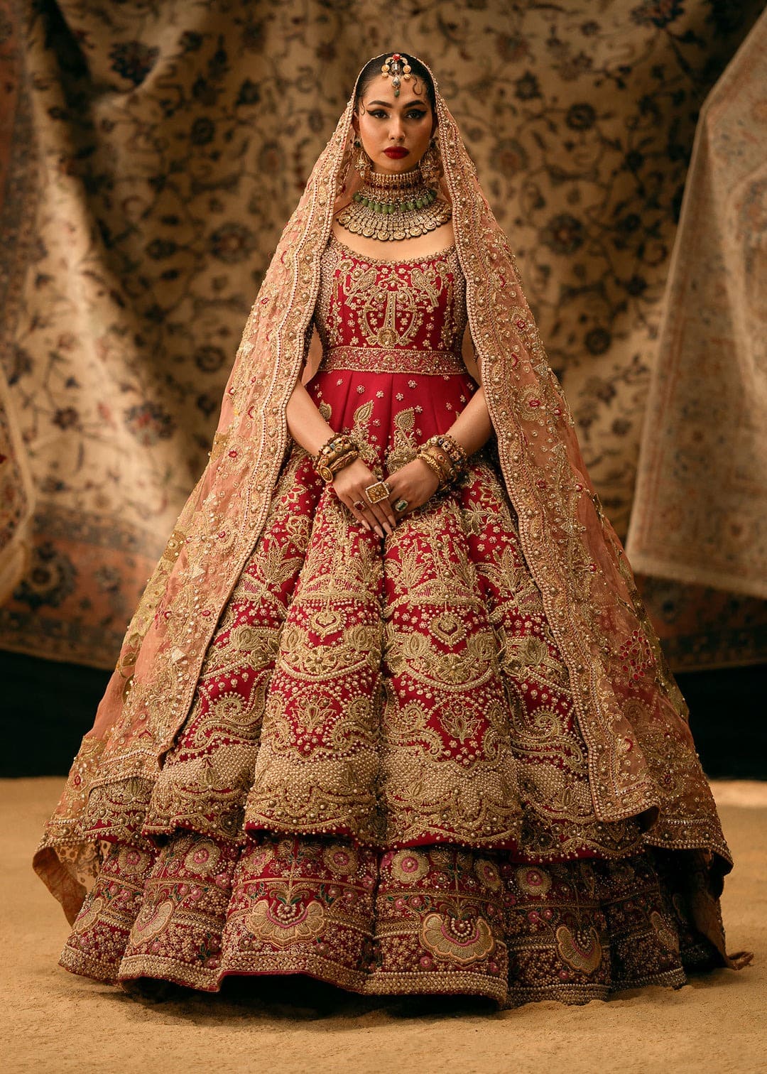 Traditional Ruby Red Bridal Pishwas Lehenga