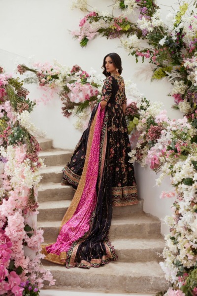 Pakistani Wedding Dress Black Open Pishwas - Image 2