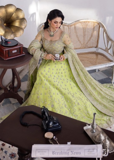 Pakistani Wedding Dress Parrot Green Lehenga - Image 2