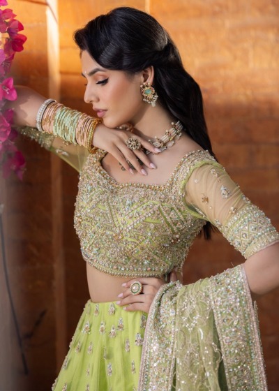 Pakistani Wedding Dress Parrot Green Lehenga - Image 3