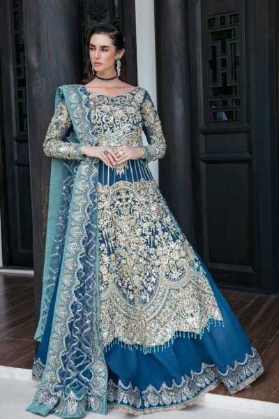 Pakistani Wedding Embroidered Blue Gown Pishwas - Image 3