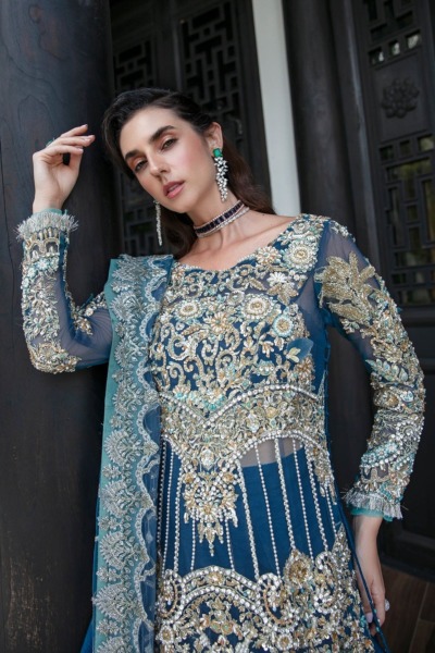 Pakistani Wedding Embroidered Blue Gown Pishwas - Image 4