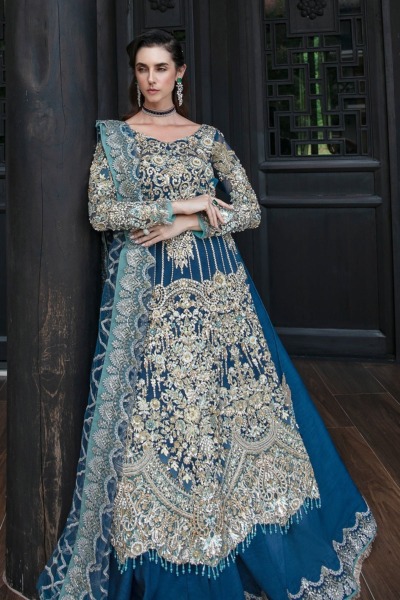 Pakistani Wedding Embroidered Blue Gown Pishwas