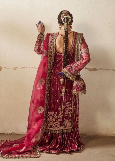 Pakistani Wedding Maroon Kameez Crushed Sharara - Image 2