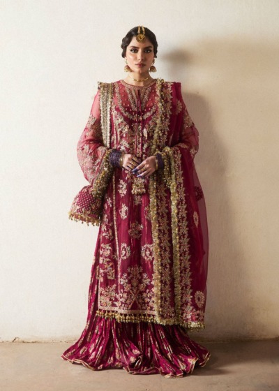 Pakistani Wedding Maroon Kameez Crushed Sharara