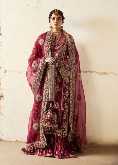 Pakistani Wedding Maroon Kameez Crushed Sharara - Image 5