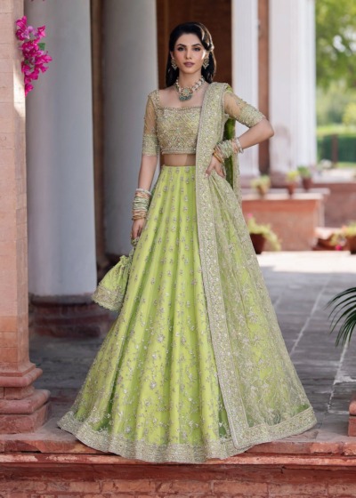 Pakistani Wedding Dress Parrot Green Lehenga - Image 4