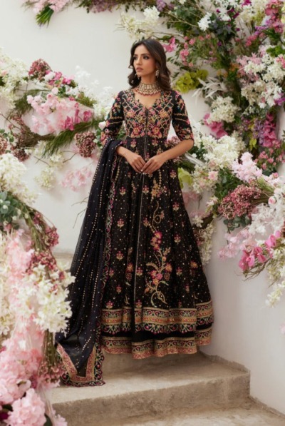 Pakistani Wedding Dress Black Open Pishwas