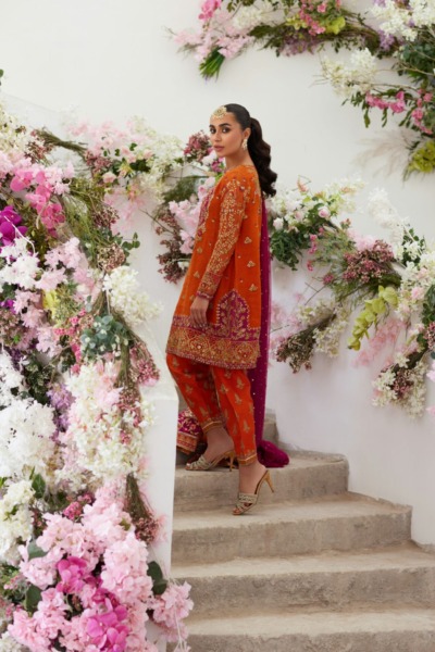 Pakistani Wedding Orange Salwar Kameez Dress - Image 2