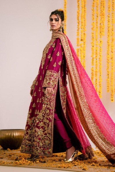 Pakistani Wedding Outfit Purple Long Shirt - Image 4