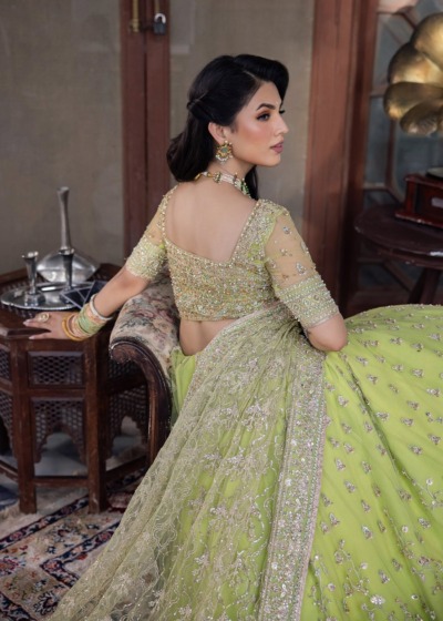 Pakistani Wedding Dress Parrot Green Lehenga - Image 5