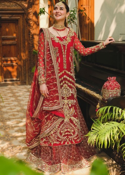 Red Pakistani Wedding Kameez Sharara Outfit - Image 4