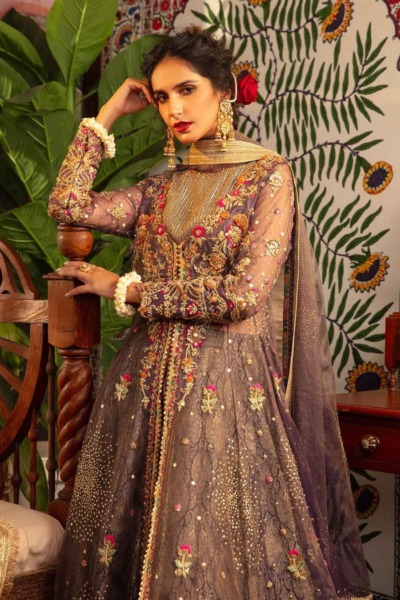 Plum Kalidar Pishwas Pakistani Wedding Outfit - Image 3