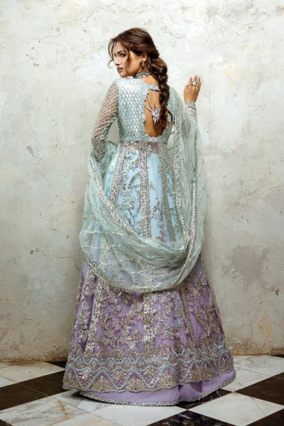 Blue Pakistani Wedding Open Gown And Lehenga - Image 2