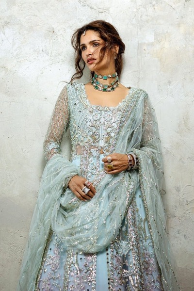 Blue Pakistani Wedding Open Gown And Lehenga - Image 3