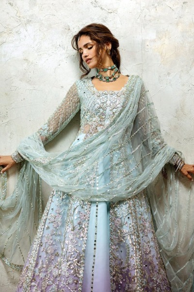 Blue Pakistani Wedding Open Gown And Lehenga - Image 4