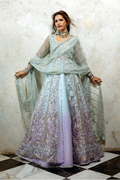 Blue Pakistani Wedding Open Gown And Lehenga