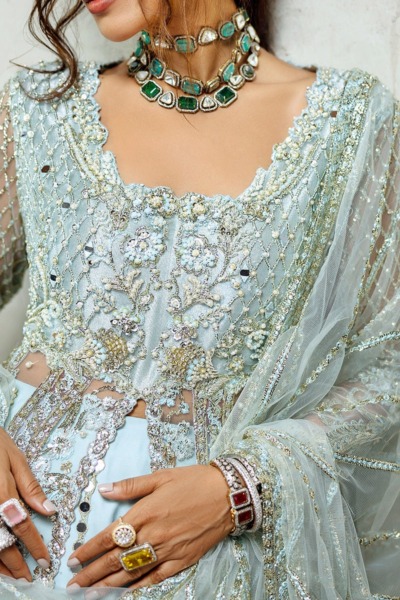 Blue Pakistani Wedding Open Gown And Lehenga - Image 5