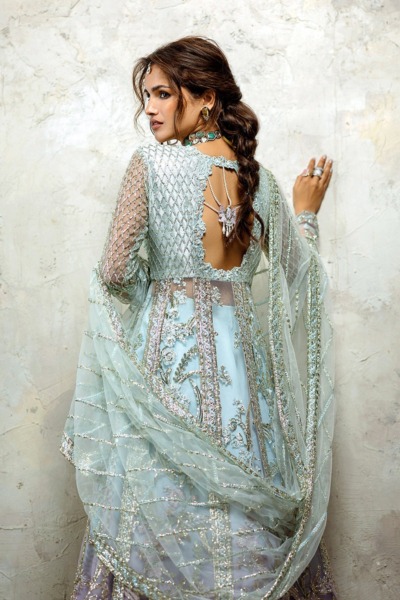 Blue Pakistani Wedding Open Gown And Lehenga - Image 6