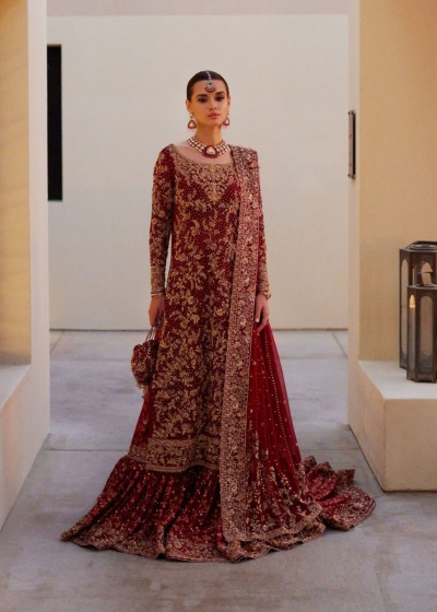 Classic Red Wedding Gharara Pakistani Bridal Outfit - Image 3