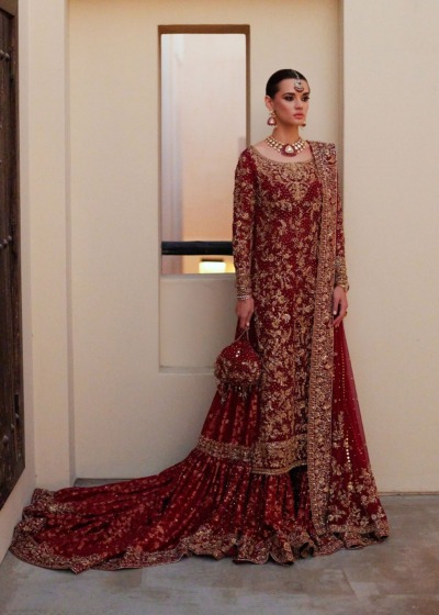 Classic Red Wedding Gharara Pakistani Bridal Outfit - Image 5