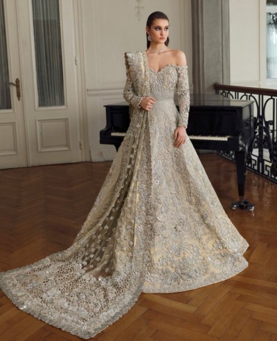 Indian Off-Shoulder Bridal Gown with Dupatta