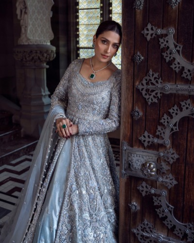 Open Front Gown with Lehenga Bridal Wear - Image 3