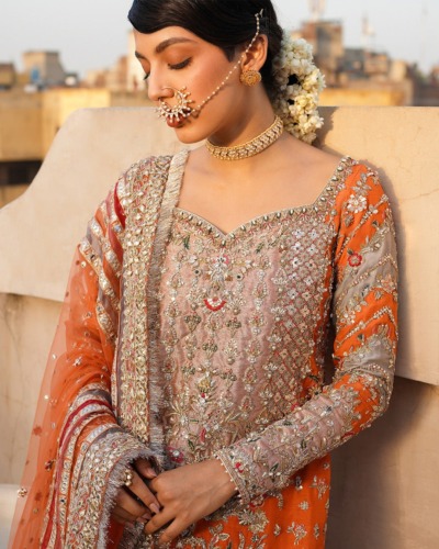 Orange Pakistani Wedding Outfit in Kameez and Gharara - Image 3