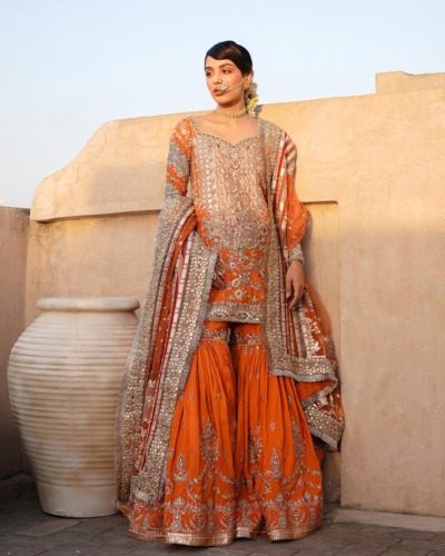 Orange Pakistani Wedding Outfit in Kameez and Gharara