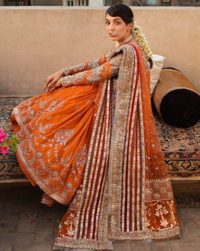 Orange Pakistani Wedding Outfit in Kameez and Gharara - Image 5