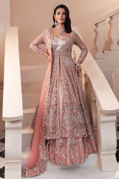 Pakistani Bridal Open Pishwas and Lehenga Outfit