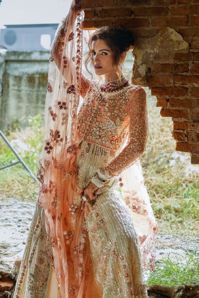 Pakistani Wedding Cream Peach Net Pishwas Lehenga - Image 3