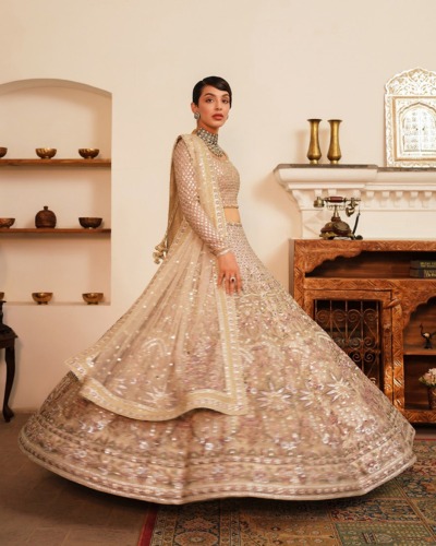 Pakistani Wedding Dress in Chiffon Choli Lehenga - Image 3