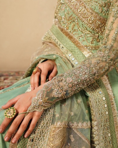 Pakistani Wedding Pishwas in Luxurious Raw Silk - Image 4